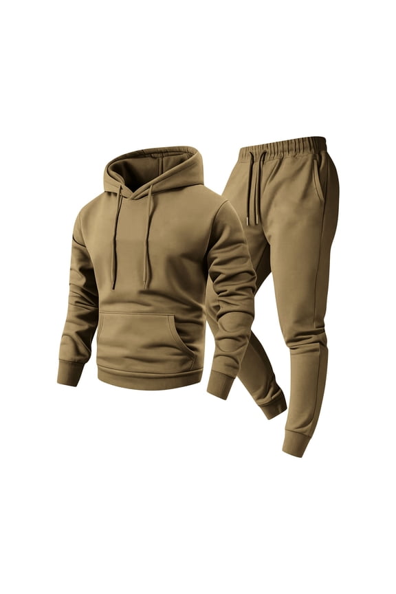 Men's Solid Color Drawstring Sweatsuits Long Sleeved Hooded One Pocket Hoodie with Full Set Of Printed Warm Casual Suit