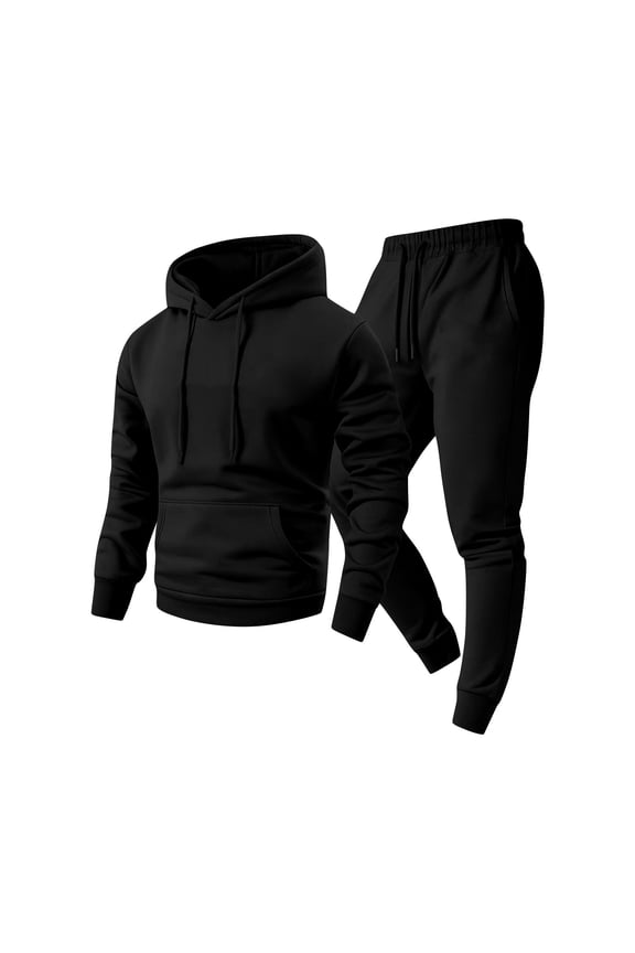 Men's Solid Color Drawstring Sweatsuits Long Sleeved Hooded One Pocket Hoodie with Full Set Of Printed Warm Casual Suit