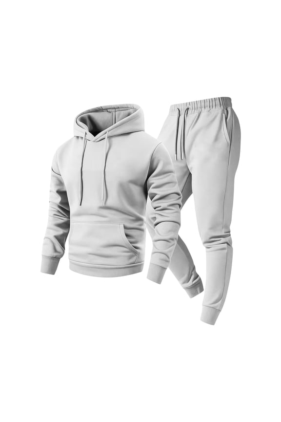 Men's Solid Color Drawstring Sweatsuits Long Sleeved Hooded One Pocket Hoodie with Full Set Of Printed Warm Casual Suit
