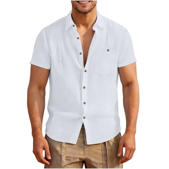 BangWanChi Men's Solid Color Lapel Collar Shirt Summer Short Sleeve Button Down Top with Chest Pocket for Men