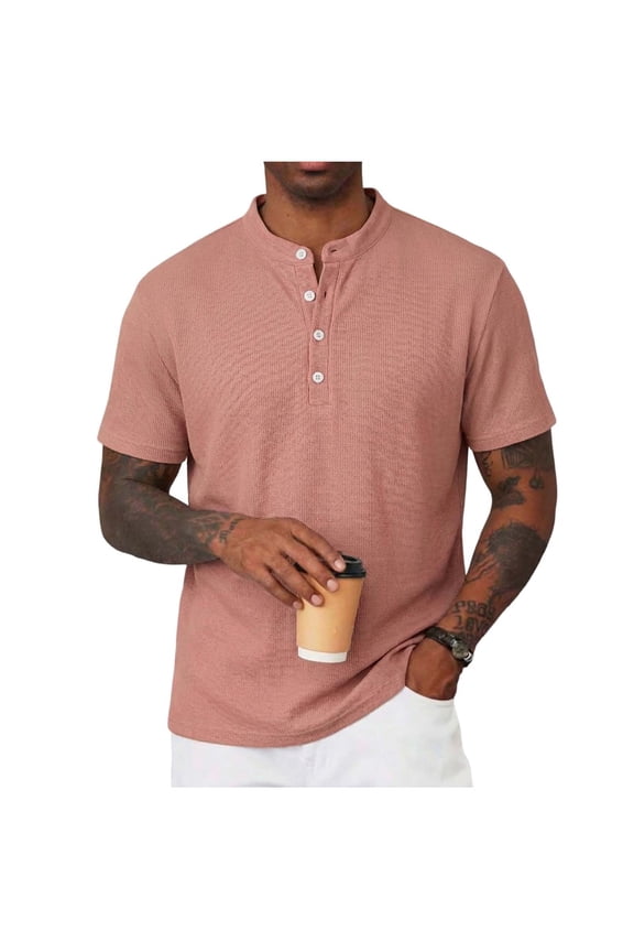 Men's Summer Breathable Waffle Knit Tee Half-Button Henley Neck Shirts Man Solid-Color Casual Short Sleeved Open And Close Standing Collar Blouses Top