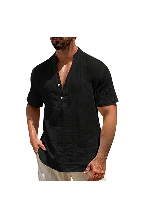 Men's Vintage V-Neck Linen T-Shirt Summer Man Casual Solid Color Concise Short Sleeved Blouse Button Shirt