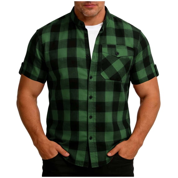 BangWanChi Mens Button Front Closure Shirts Fashion Men Patchwork Plaid Lapel Button Pocket Short Sleeves Shirt Tops Army Green L