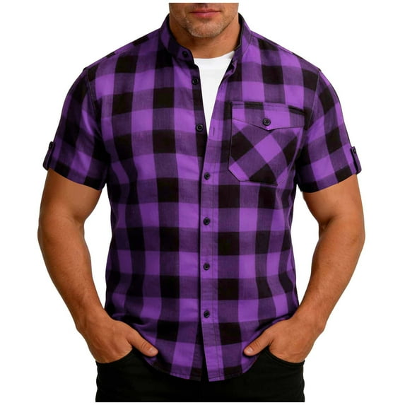 BangWanChi Mens Button Front Closure Shirts Fashion Men Patchwork Plaid Lapel Button Pocket Short Sleeves Shirt Tops Purple XXL