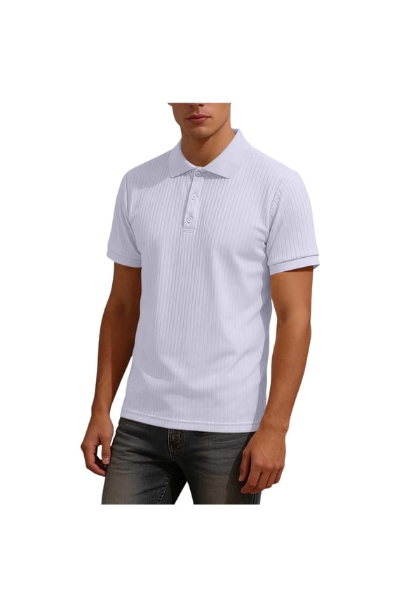 Mens Classic Button Placket Ribbed T-Shirts Short Sleeve Polo Shirt Casual Slim Fit Tops