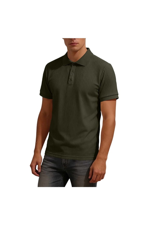 Mens Classic Button Placket Ribbed T-Shirts Short Sleeve Polo Shirt Casual Slim Fit Tops