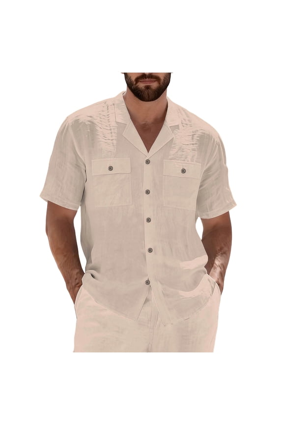 Mens Loose Fit Beach Button Up Shirts Men's Solid Color Short Sleeve Lapel Classic Button Placket Cardigan with Multiple Pockets Shirt Top
