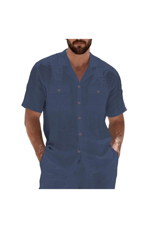 Mens Loose Fit Beach Button Up Shirts Men's Solid Color Short Sleeve Lapel Classic Button Placket Cardigan with Multiple Pockets Shirt Top