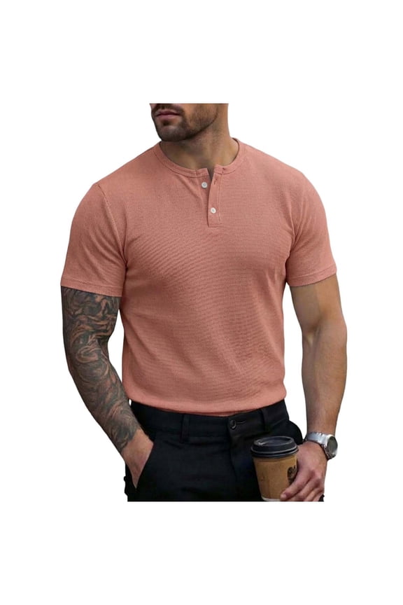 Mens Short Sleeve Half-Button Placket Henley Top Man Solid Color Office Casual Short Sleeved Half-buttoned Open And Close Round Neck Blouses Top