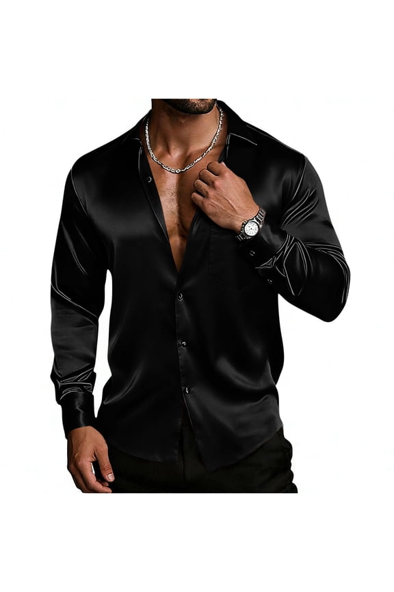 Mens Smooth Satin Shirts Casual Button Front Tops Fashion Men's Turndown Collar Long Sleeve Shirt Pockets Lightweight Breathable Beach Blouse Black L
