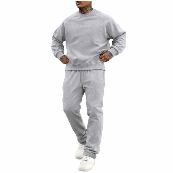 BangWanChi Mens Velvet 2 Piece Sets Solid-Color Casual Loose Drawstring Long Pants Sweatshirt Pullover Crewneck Long Sleeve Set