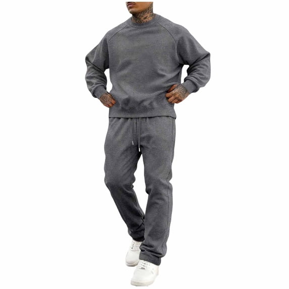 BangWanChi Mens Velvet 2 Piece Sets Solid-Color Casual Loose Drawstring Long Pants Sweatshirt Pullover Crewneck Long Sleeve Set