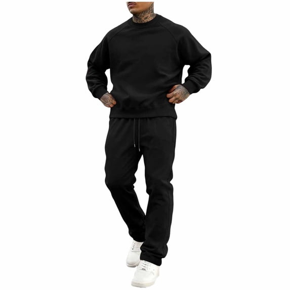 BangWanChi Mens Velvet 2 Piece Sets Solid-Color Casual Loose Drawstring Long Pants Sweatshirt Pullover Crewneck Long Sleeve Set