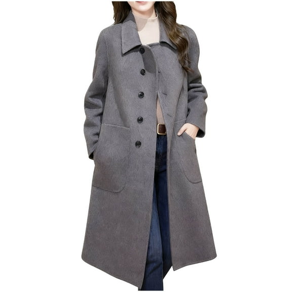 BangWanChi Mid-Length Jackets for Women Women's Solid Color Button Double Pocket Zipper Turndown Collar Long Sleeve Hoodless Casual Outwear