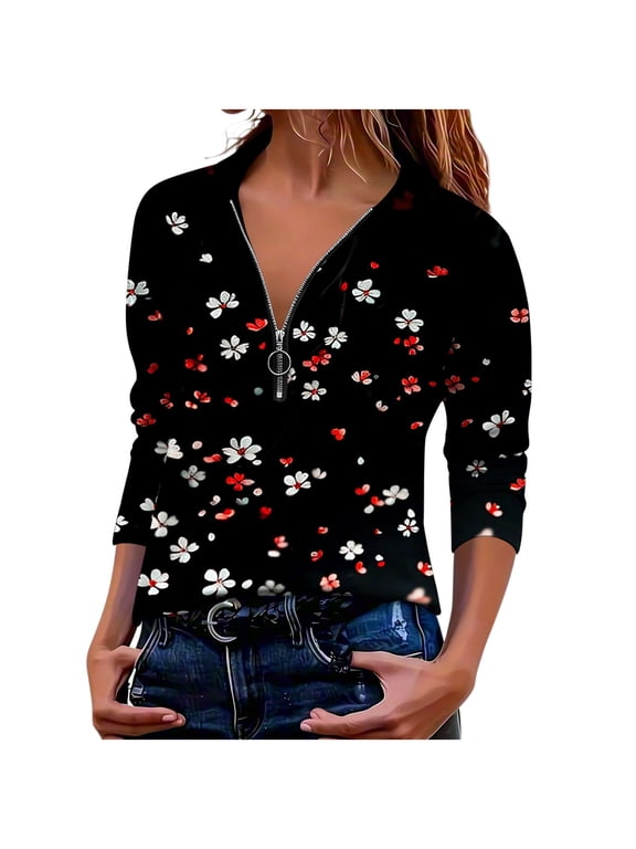 Modern Women Collared Long Sleeve Half Zip Top Loose Fitting Printed Tunic for Effortless Chic Autumn Winter Style