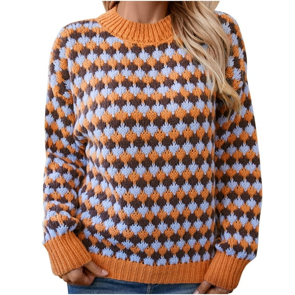 BangWanChi Oversized Sweaters for Women Trendy Women's Casual Round Neck Long Sleeve Sweater Knitted Stripe Loose Blouse Tops