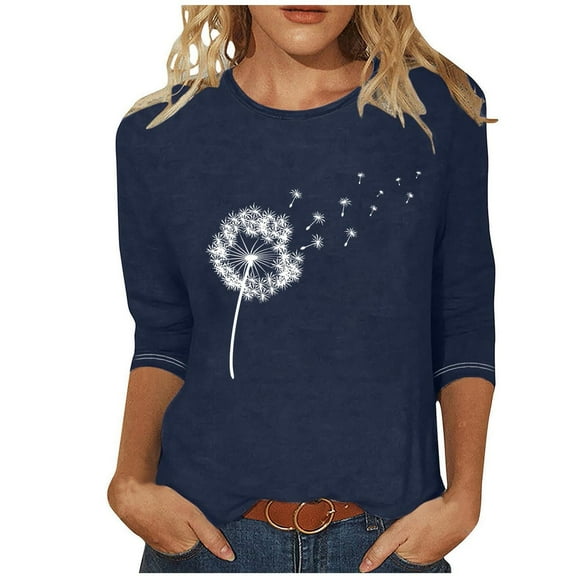 BangWanChi Plus Size 3/4 Length Sleeve Womens Tops Women's Fashion Printed T-shirt 3/4 Sleeves Blouse Round Neck Casual Tops