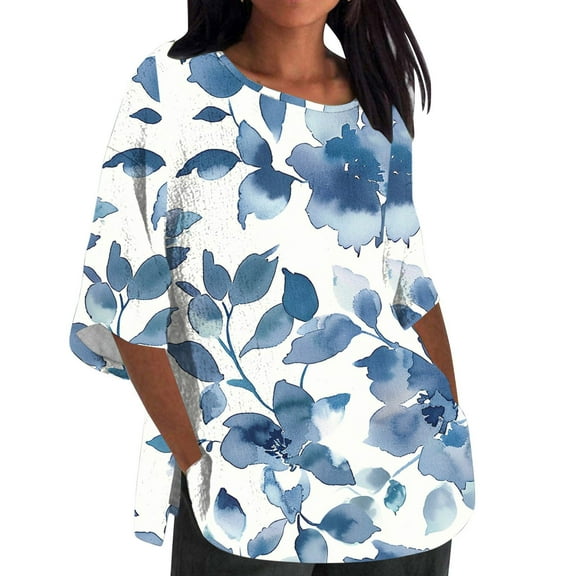 BangWanChi Plus Size 3/4 Length Sleeve Womens Tops Women's Ladies Fashion Casual Cropped 3/4 Sleeve Printing Cotton Loose Shirt Blouse Top