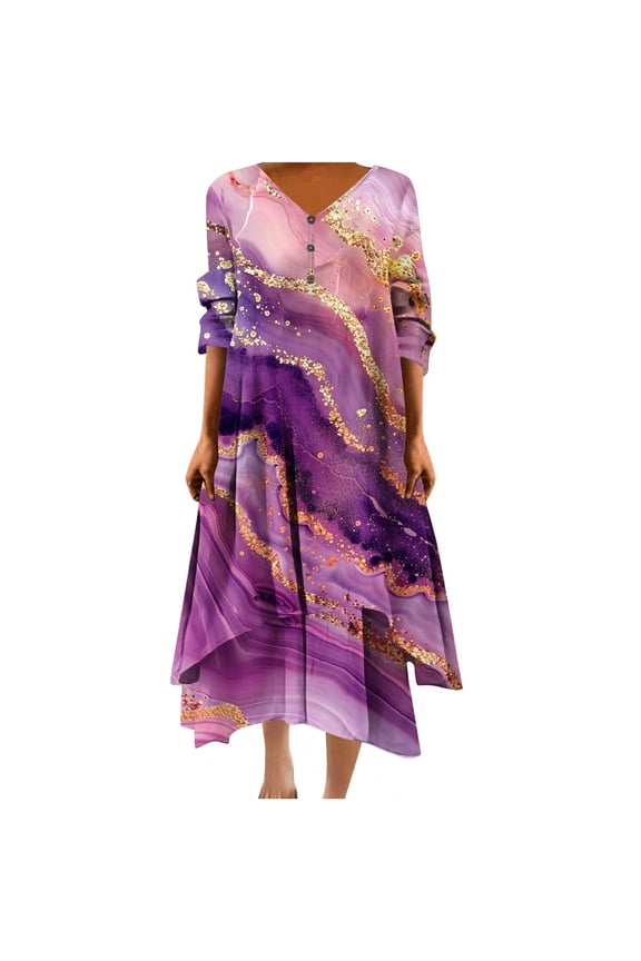 Plus Size Dress Long Dresses for Women Work Dresses for Women Women Casual Loose Printed Irregular Buttoned Hem V-Neck 3/4 Sleeve Dresses