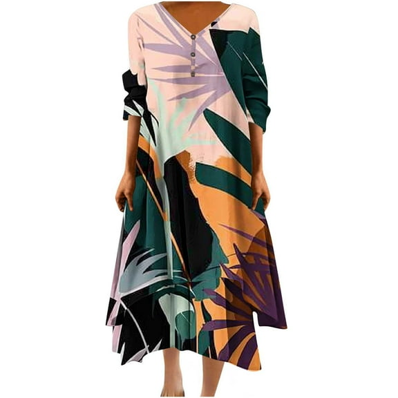 BangWanChi Plus Size Dress Sundresses for Women Womens Summer Dresses Women Casual Loose Printed Irregular Buttoned Hem V-Neck 3/4 Sleeve Dresses