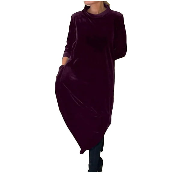BangWanChi Plus Size Dress Womens Summer Dresses Maxi Dresses for Women Women Fashion Versatile Daily Life Stand Up Collar Long Sleeved Loose Fitting Dress with Pockets