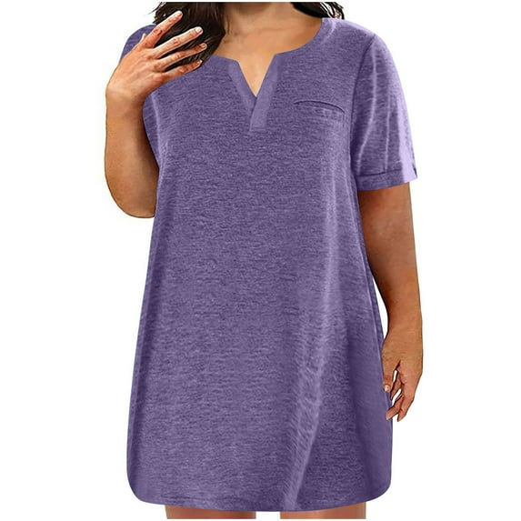 BangWanChi Plus Size Dresses for Curvy WomenWomen's Oversized Casual Loose Summer Solid Color V-neck Short Sleeved Dress