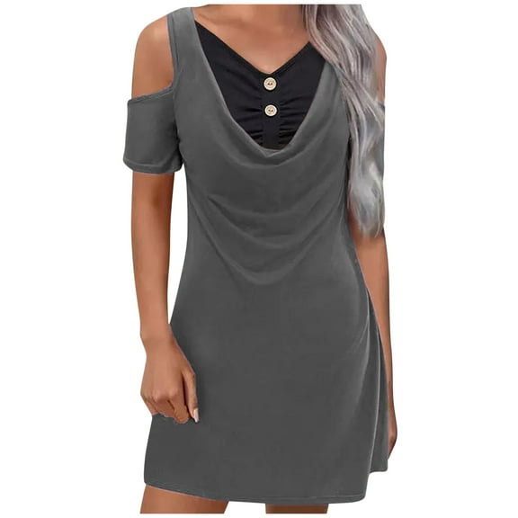 BangWanChi Plus Size Dresses for Curvy WomenWomen's Summer Off Shoulder Loose V-neck Short Sleeved Patchwork Fake Two-piece Dress
