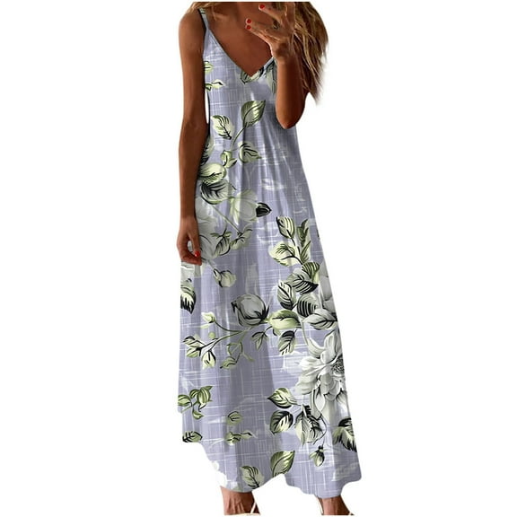 BangWanChi Plus Size Summer Dresses Women's Summer Print Casual Loose Sleevless V-Neck Dress