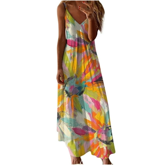 BangWanChi Plus Size Summer Dresses Women's Summer Print Casual Loose Sleevless V-Neck Dress