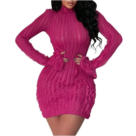 BangWanChi Plus Size Sweater Dress Women Elegant Temperament Half Aged Solid Color Long Sleeved Flared Sleeve Dress Hot Pink L