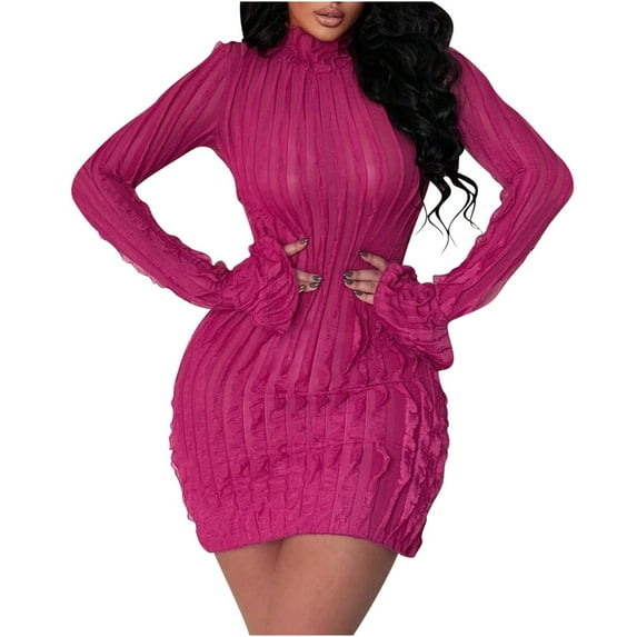 BangWanChi Plus Size Sweater Dress Women Elegant Temperament Half Aged Solid Color Long Sleeved Flared Sleeve Dress Hot Pink M