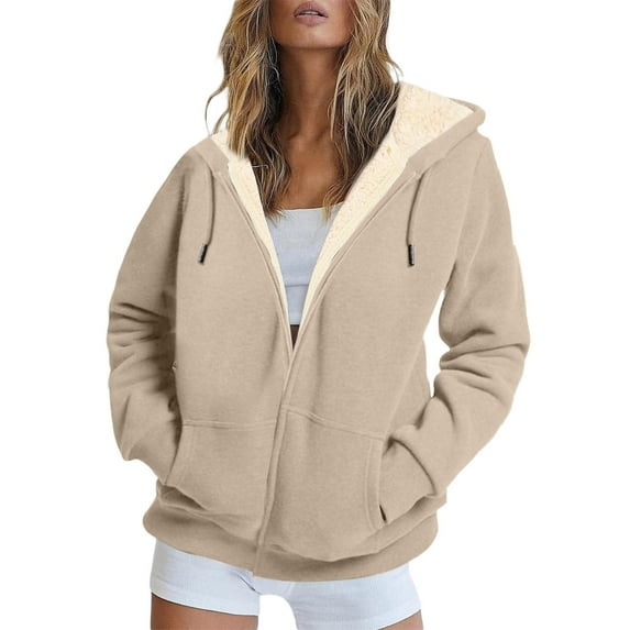BangWanChi Plus Size Womens Fleece Coats with Pocket Women's Solid Color Zipper Long Sleeve Casual Hooded Coat