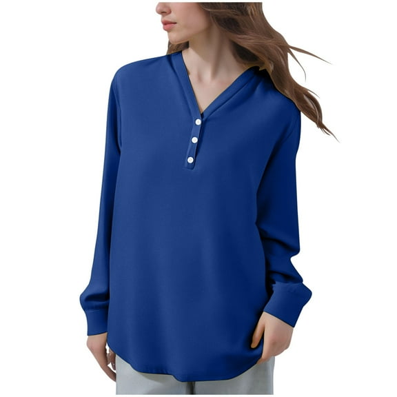 BangWanChi Plus Size Womens Tops Fall Winter Pullovers Ladies' Fashionable Blue Color V-Neck Loose Comfortable Long Sleeved Top
