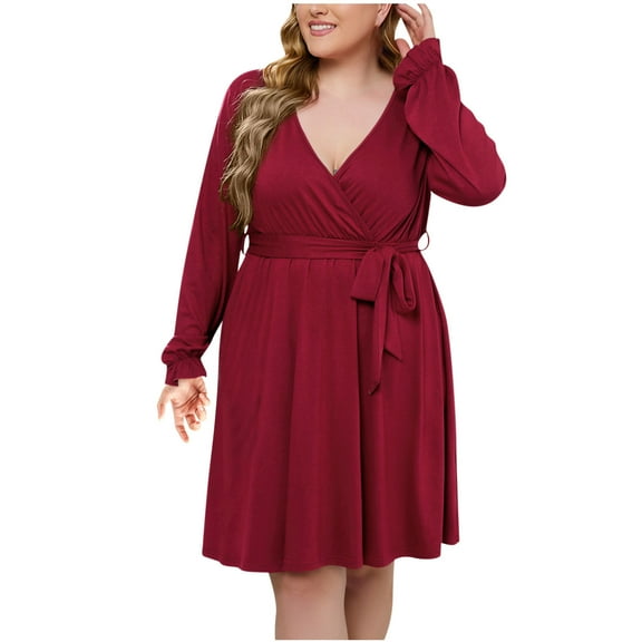 BangWanChi Red Dresses for Women Fashion Women's Casual Spring/Summer Round Neck Long Sleeve Printed Dress