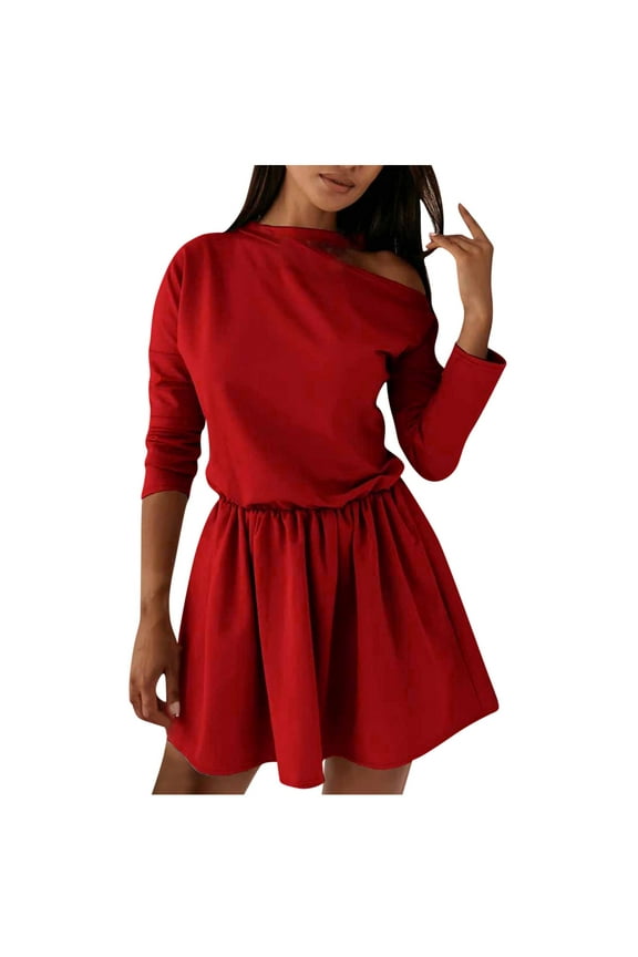 Red Dresses for Women Fashionable Women's Long Sleeved Round Neck Casual Versatile Dress