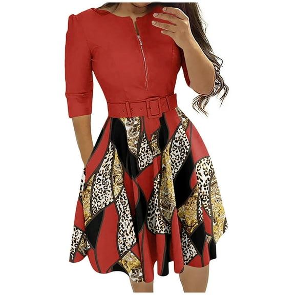 BangWanChi Red Dresses for Women Women Fashion Versatile Daily Life Three-quarter Sleeves