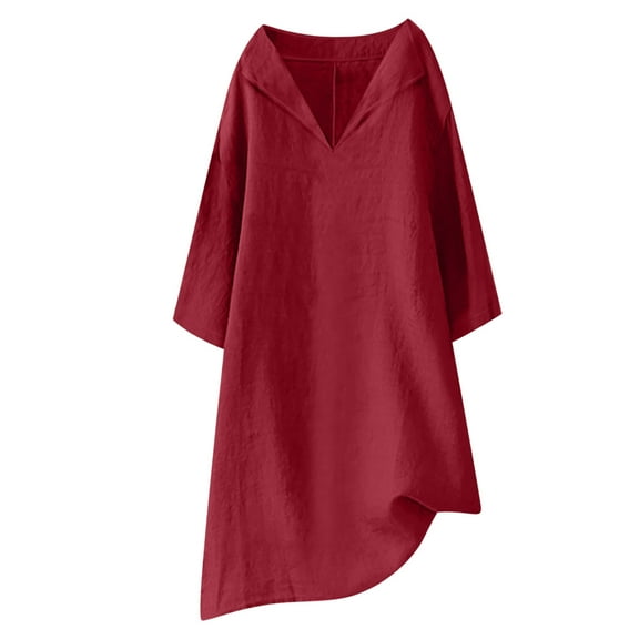BangWanChi Red Dresses for Women Women‘s Casual Loose 3/4 Sleeve Solid Round Neck Long Dresses