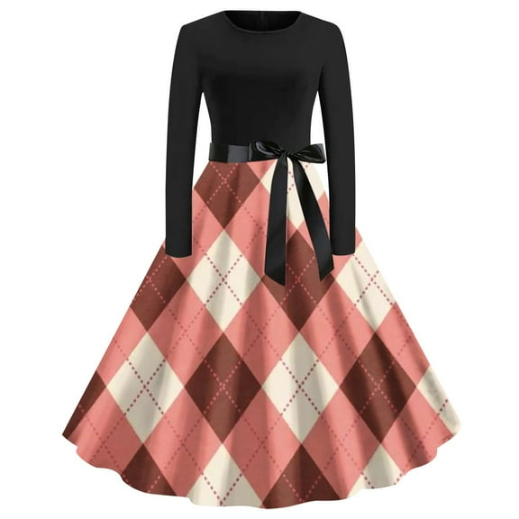 BangWanChi Red Dresses for Women Women's Fashion Casual Long Sleeve Round-Neck Knee-High Checker Printing Dress