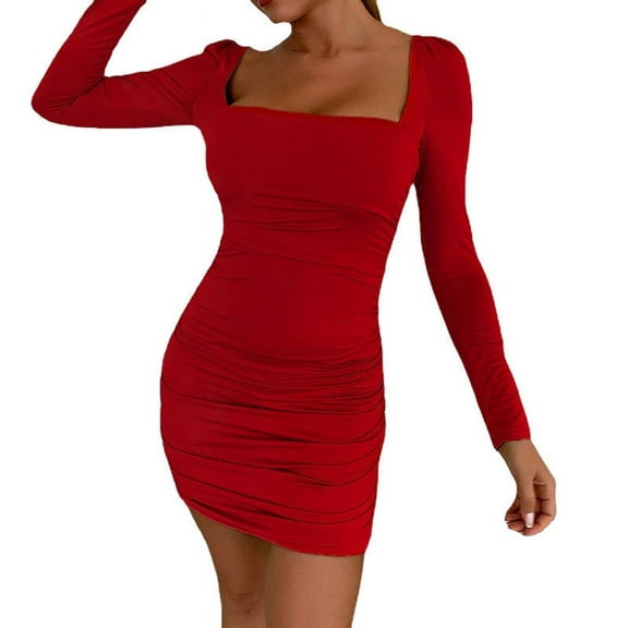 BangWanChi Red Dresses for Women Women's Sexy Backless Short Long-Sleeved Neck Dress