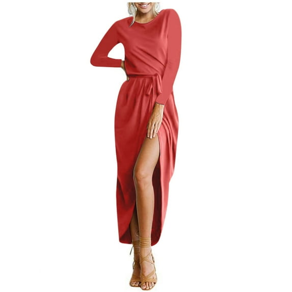 BangWanChi Sexy Dress for Women 2024 Fashion Women Round Neck High Waist Bandage Solid Color Casual Split Dress Red S