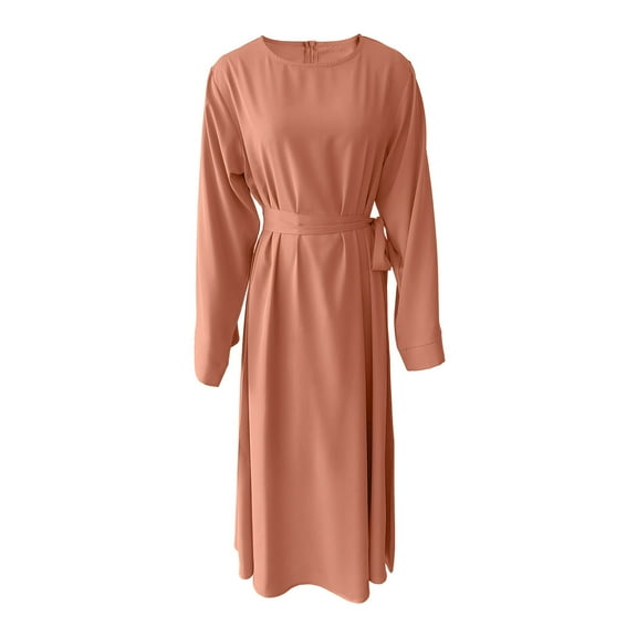 BangWanChi Sexy Dresses for Women Dresses for Women Long Dresses for Women Women‘s Casual Lace Up Loose Long Sleeve Solid Round Neck Long Dresses