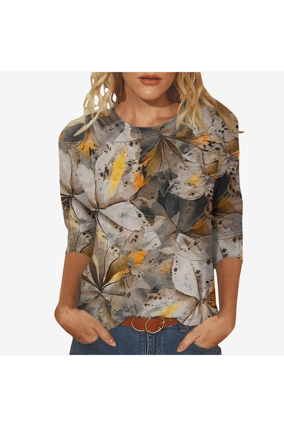 Shirts for Women Trendy Fall Women Fashion Printed T-shirt 3/4 Sleeves Blouse Round Neck Casual Tops