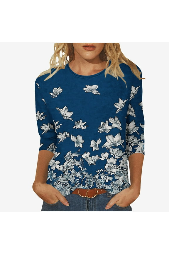Shirts for Women Trendy Fall Women Fashion Printed T-shirt 3/4 Sleeves Blouse Round Neck Casual Tops
