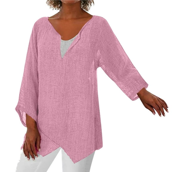 BangWanChi Shirts for Women Trendy Fall Women's V-Neck Split Casual Loose Cotton Linen Long Sleeve Top/Shirt