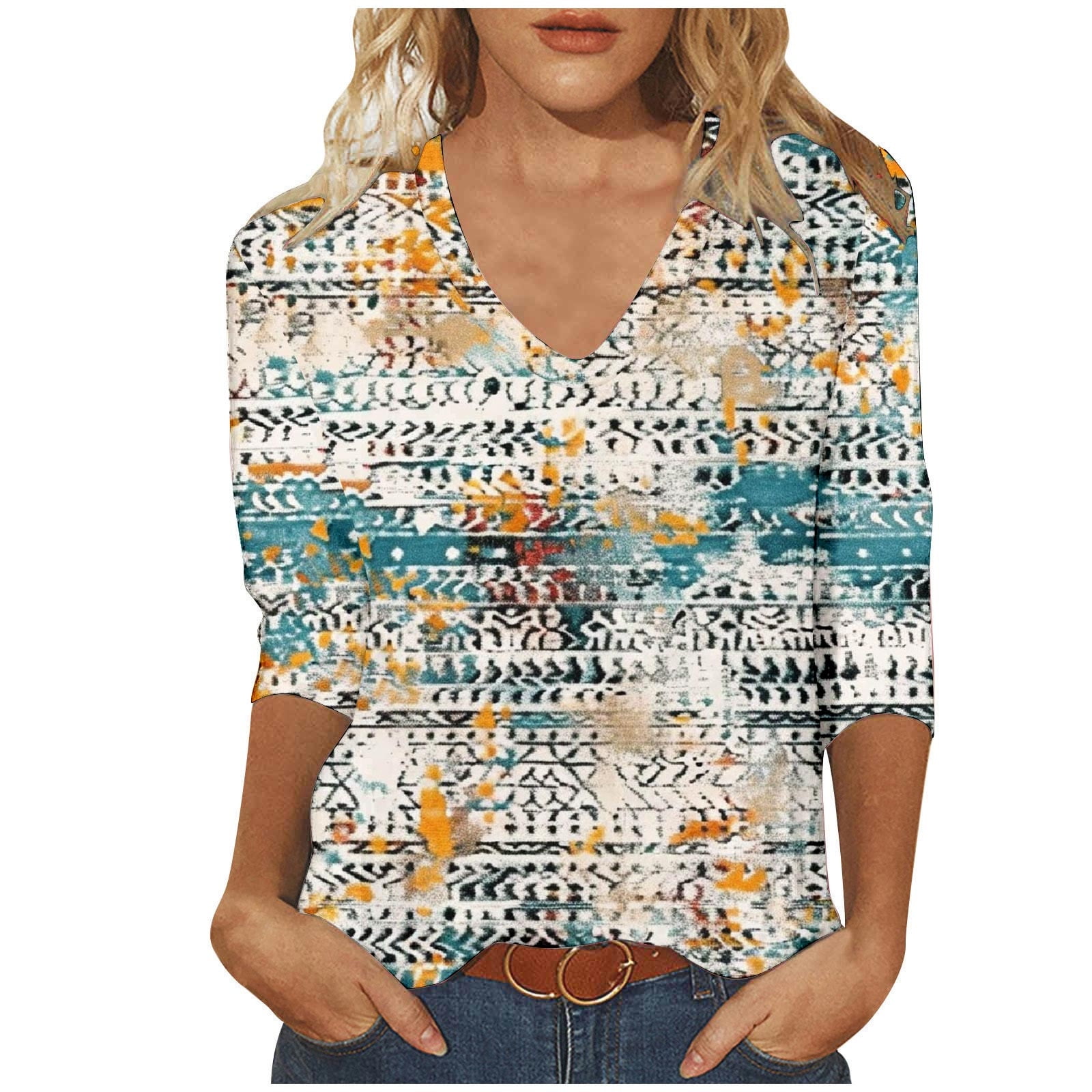 BangWanChi Shirts for Women Trendy Fashion Woman Casual V Neck Printing