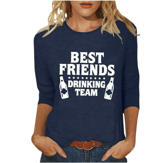 BangWanChi Shirts for Women Trendy Women's Fashion Casual Color Letters Printing Round Neck 3/4 Sleeve T-shirt Tops Blouse