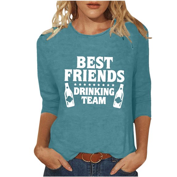 BangWanChi Shirts for Women Trendy Women's Fashion Casual Color Letters Printing Round Neck 3/4 Sleeve T-shirt Tops Blouse