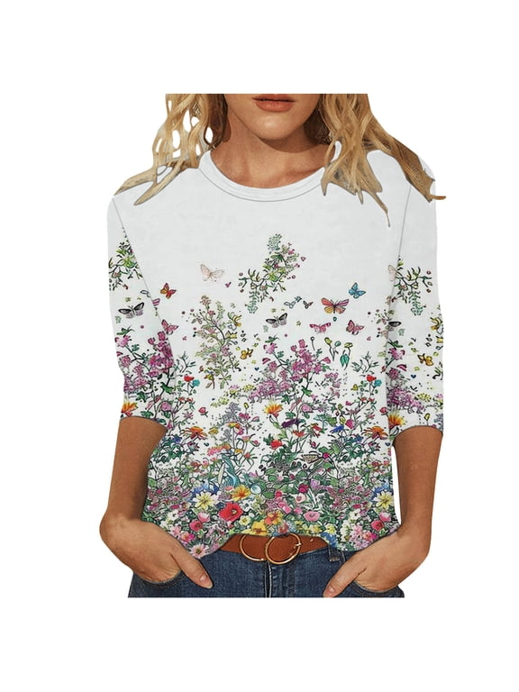 Shirts for Women Y2K Women Fashion Printed T-shirt 3/4 Sleeves Blouse Round Neck Casual Tops