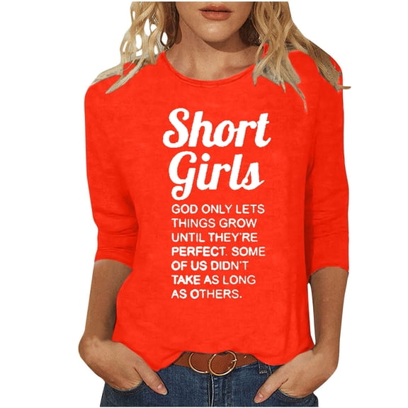 BangWanChi Shirts for Women Y2K Women's Fashion Casual Color Letters Printing Round Neck 3/4 Sleeve T-shirt Tops Blouse