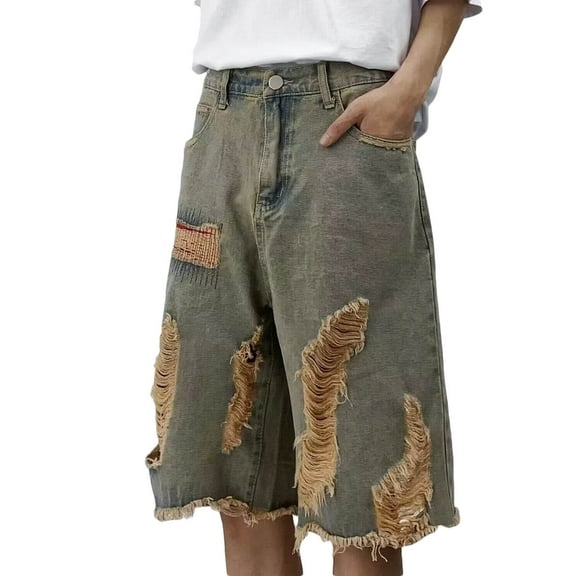 BangWanChi Shorts for Women Women High-Waisted Straight Leg Wide Leg Jeans Cropped Trousers